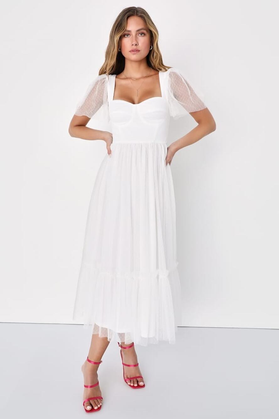 NWT Lulus Dreamy Celebration White Tulle Bustier Swiss Dot Midi Dress Bride XS‎